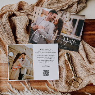 Save The Date Noir et blanc moderne   Deux photos et code QR