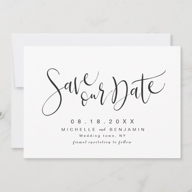 Save The Date Noir et blanc, moderne, simple, script, sauvez la  (Devant)