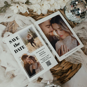 Save The Date Noir et blanc multi-photo moderne Code QR