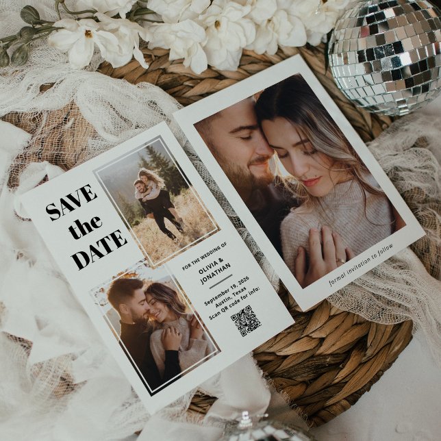Save The Date Noir et blanc multi-photo moderne | Code QR (Créateur téléchargé)