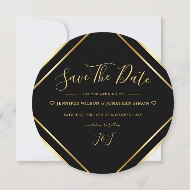 Save The Date Noir et Or Elégant Simple Round Moderne (Devant)