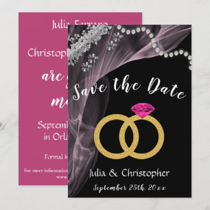 Save The Date Noir et rose avec anneaux Mariages et argent