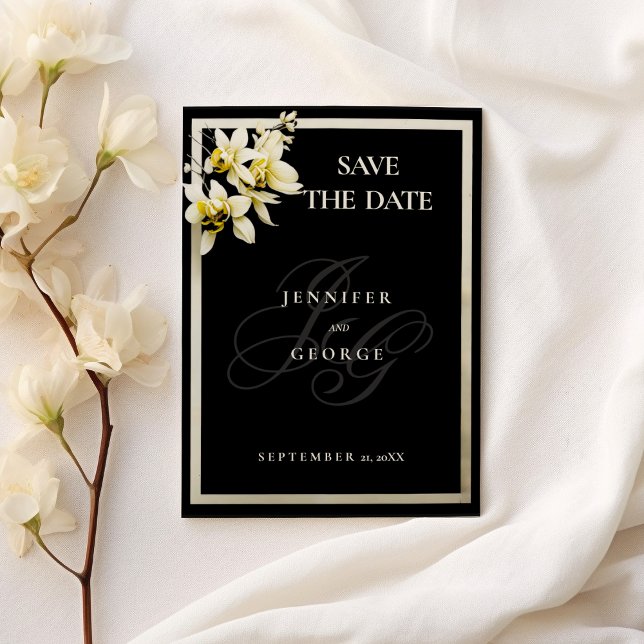 Save The Date Noir ivoire initiales orchidée Enregistrer la date (Black ivory monogram initials orchid Save The Date)