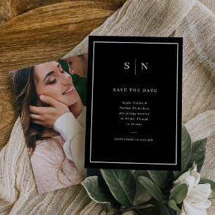 Save The Date Noir minimal et chic avec bordure blanche et photo