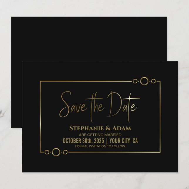 Save The Date Noir moderne avec cadre or Mariage Enregistrer la  (Devant / Derrière)