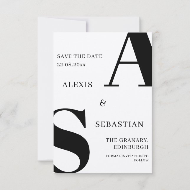 Save The Date Noir moderne sur Blanc Monochrome Enregistrer la d (Devant)