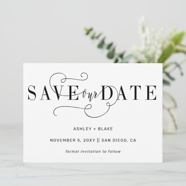 Save The Date Noir Stylé Simple Calligraphie manuscrite (Debout devant)
