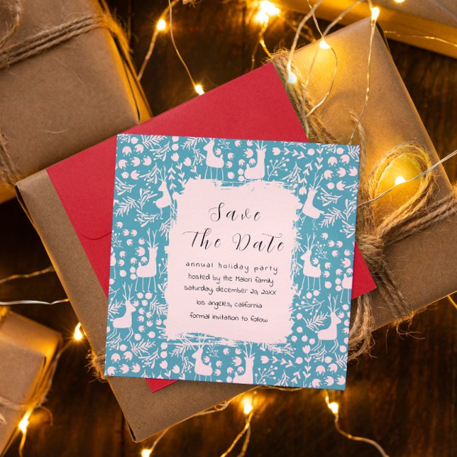 Save The Date Nordic Reindeer Floral | Blush on Teal Christmas  (Créateur téléchargé)