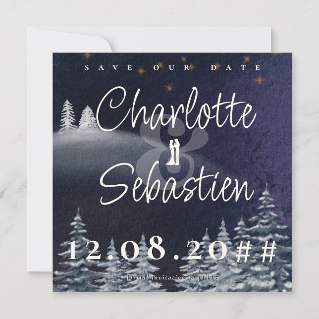 Save The Date Nuit d'hiver & Pine Tree Moderne Aquarelle Mariage (Devant)