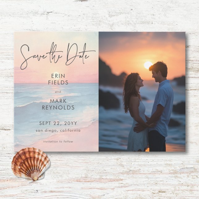 Save The Date Océan moderne Coucher de soleil aquarelle plage Ma (Modern Ocean Sunset Watercolor Beach Wedding Photo Save The Date)