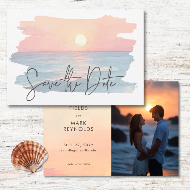 Save The Date Océan moderne Coucher de soleil aquarelle plage Ma (Modern Ocean Sunset Watercolor Beach Wedding Photo Save The Date)