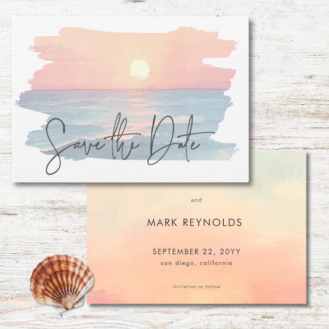 Save The Date Ocean moderne Sunset Watercolor Beach Wedding (Modern Ocean Sunset Watercolor Beach Wedding Photo Save The Date)