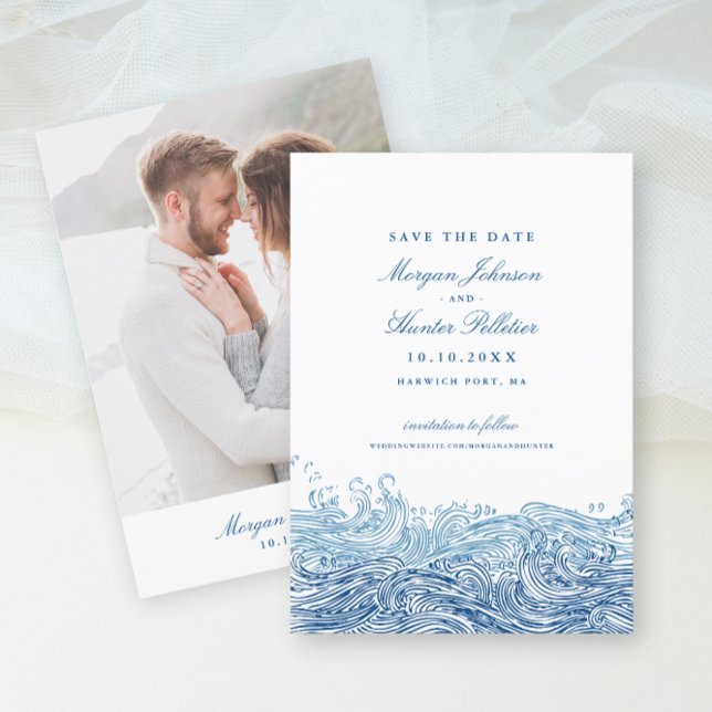 Save The Date Ocean Waves Elegant Mariage de la marine (Blue Ocean Waves Photo Save the Date in elegant navy blue from Concertina Press)