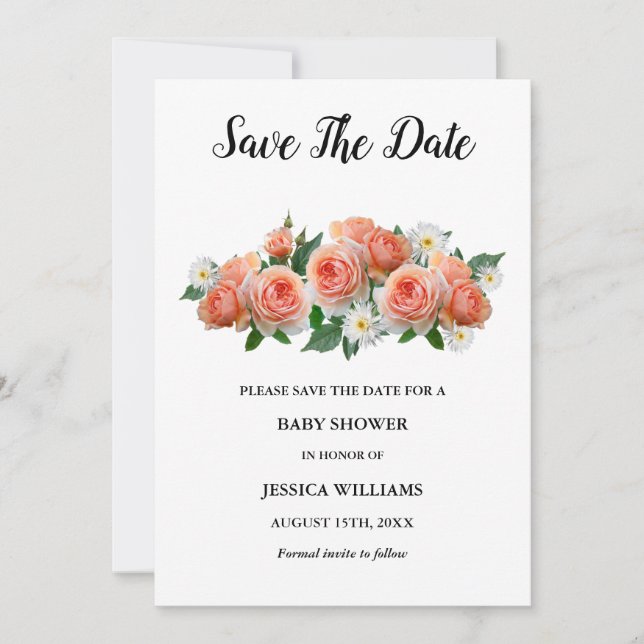 Save The Date "Oh mon bébé" Floral Apricot Baby shower Rose (Devant)