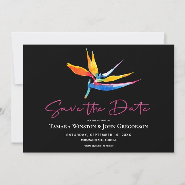 Save The Date Oiseau tropical foncé de Paradise Pink Beach Maria (Devant)