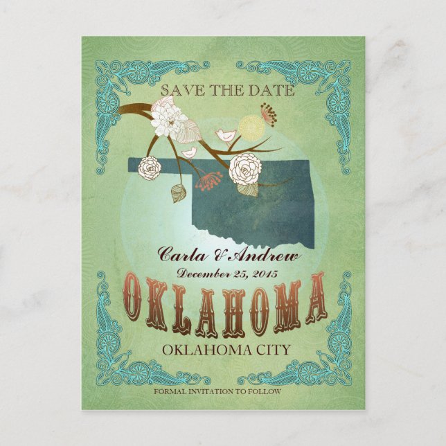 Save The Date - Oklahoma Map With Lovely Birds Announcement Postcard (Front)
