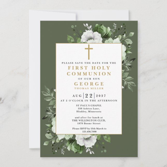 Save The Date Olive Green Boho Floral First Holy Communion (Devant)