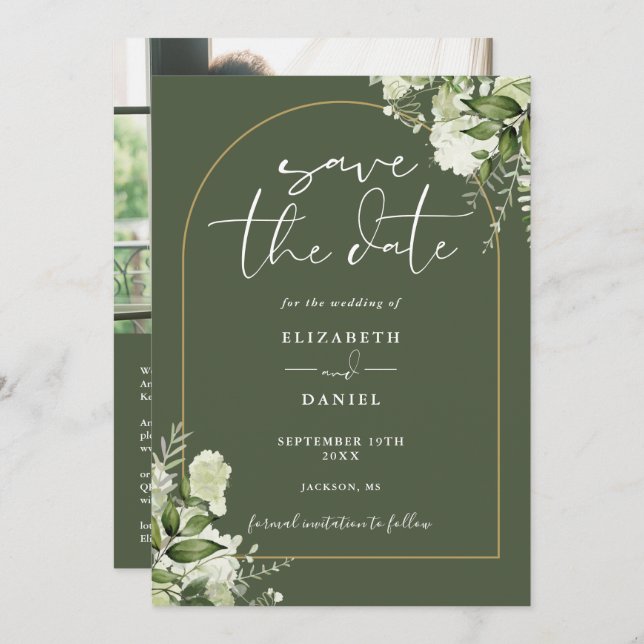 Save The Date Olive Green Floral Gold Arch Photo QR Code Mariage (Devant / Derrière)