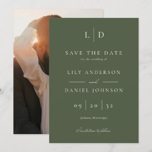 Save The Date Olive Green Minimaliste Monogramme Mariage photo