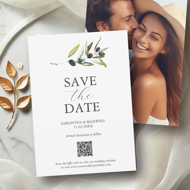 Save The Date Olive Thème Photo QR Code Enregistrer Les Dates (QR code save the date invitations with photo and olive branch. )