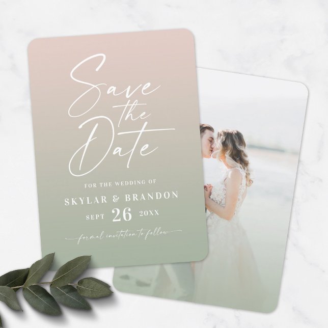 Save The Date Ombre Blush & Green avec Mariage photo de script (Créateur téléchargé)