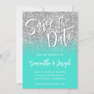Save The Date Ombre Turquoise Parties scintillant Argent
