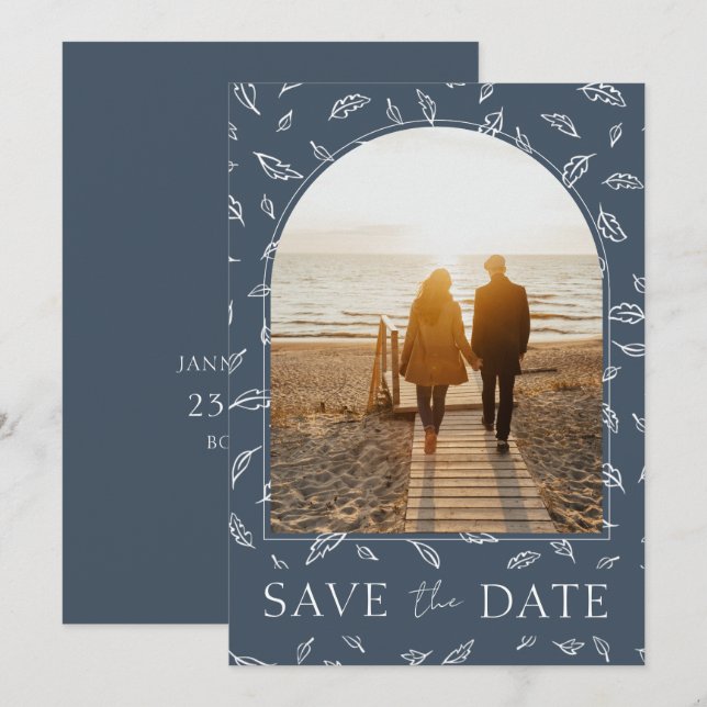 Save The Date Opulence de feuilles de luxe bleu royal bohème Pho (Devant / Derrière)