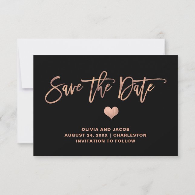 Save The Date Or rose sur noir avec coeur | Retour photo (Devant)