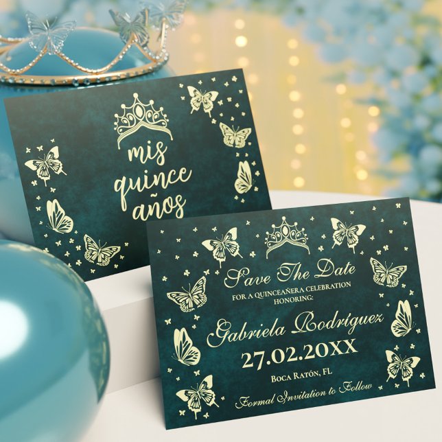 Save The Date Or vert émeraude moderne Quinceañera 15 ans (Modern Emerald Green Gold 15 Years Old Quinceañera Save The Date)