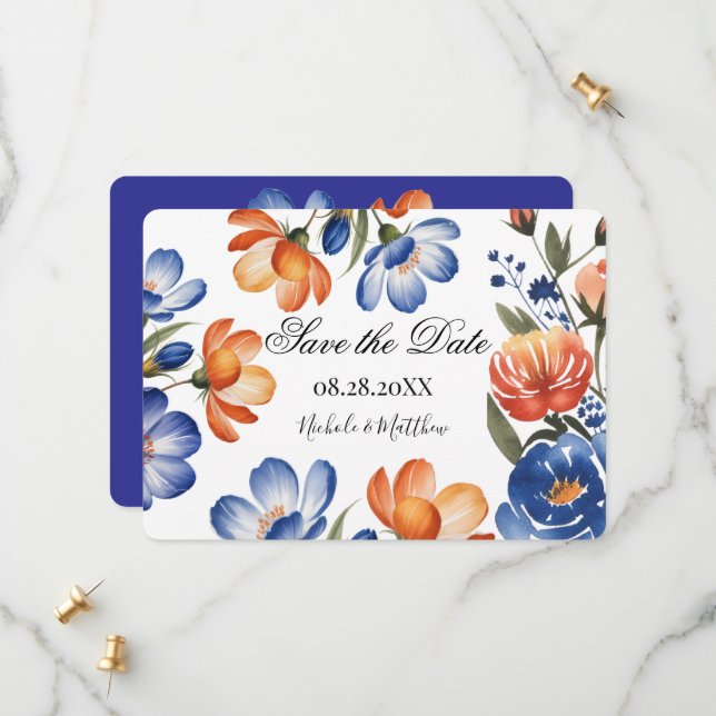 Save The Date Orange and Cobalt Blue Floral Wedding (Devant/Arrière en situation)