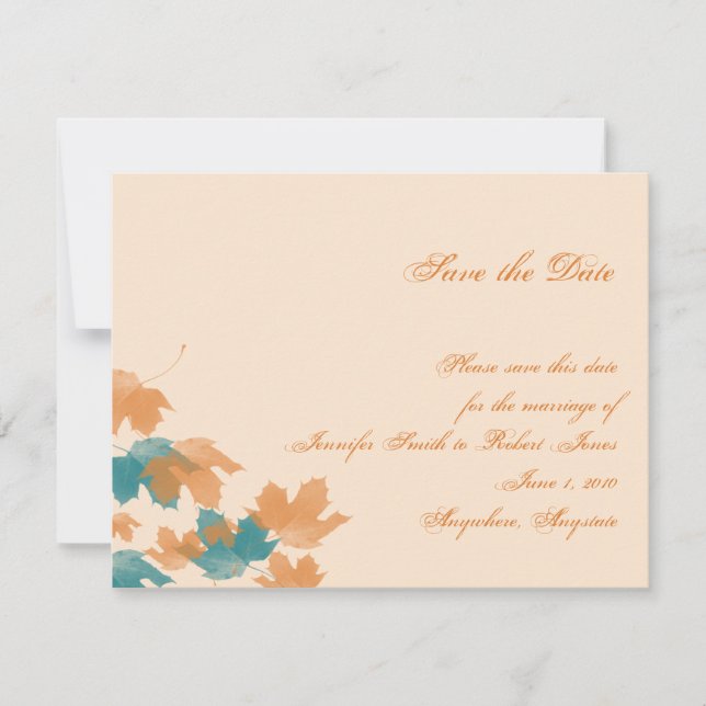 Save The Date Orange Aqua Autumn Maple Leaf Enregistrer la date (Devant)