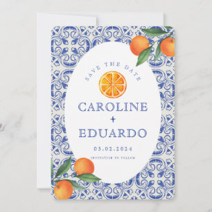 Save The Date Orange Bleu Carreau Méditerranéen Mariage QR Code