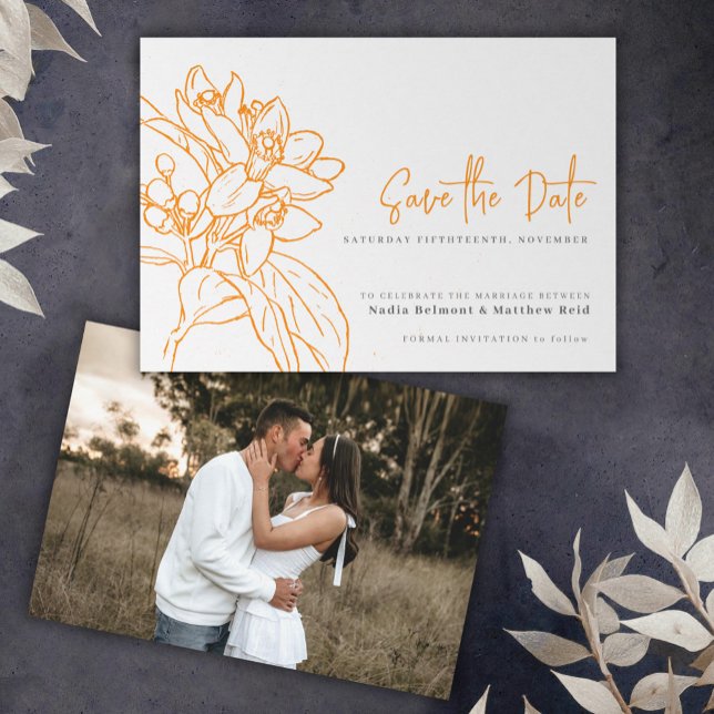 Save The Date Orange fleur mono photo mariage enregistrer la dat (Créateur téléchargé)