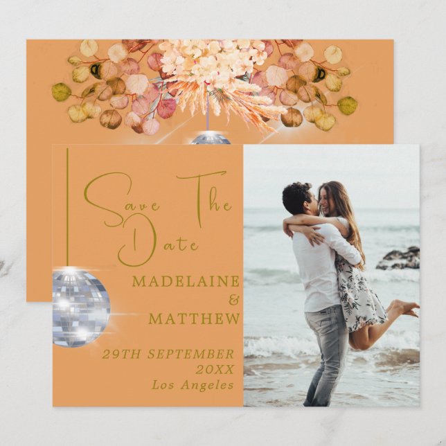 Save The Date Orange Floral Disco Enregistrer La Date Mariage (Devant / Derrière)