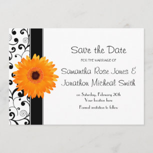 Save The Date Orange Gerbera Daisy Black Scroll Enregistrer la d