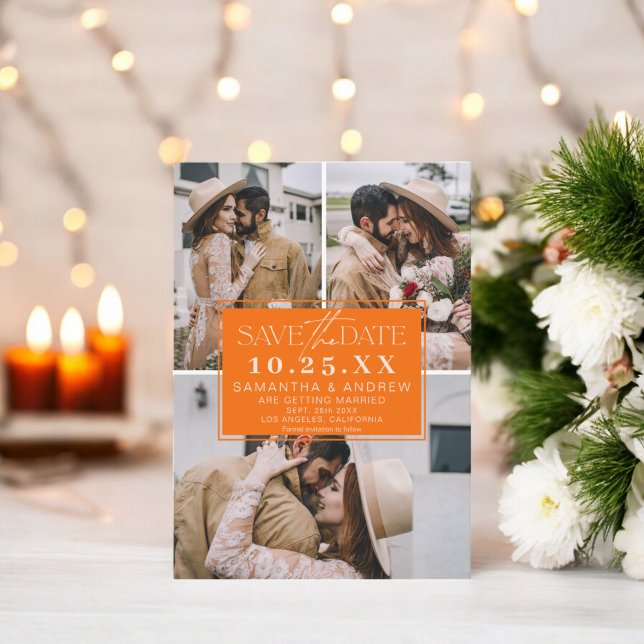 Save The Date orange moderne enregistrer la date 3 photos grille (Modern orange save the date 3 photos grid collage)