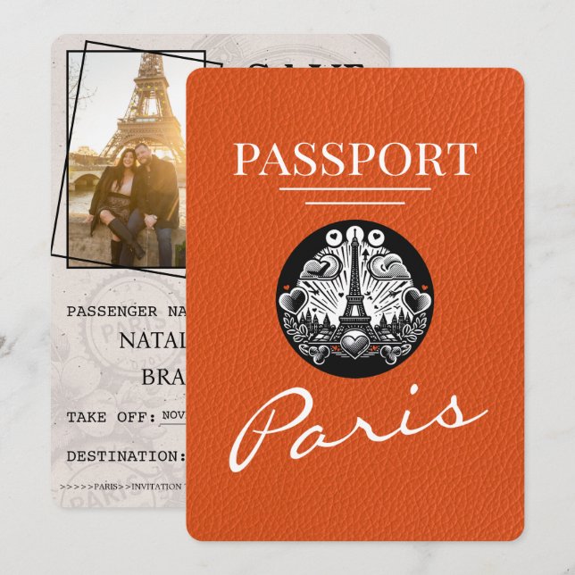 Save The Date Orange Paris Passport Enregistrer La Date (Devant / Derrière)