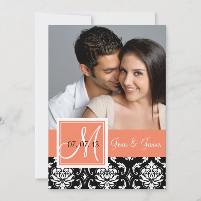 Save The Date Orange Peach Black Damask Photo Enregistrer la dat (Devant)
