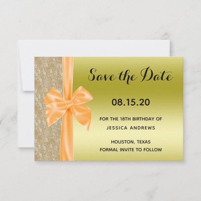 Save The Date Orange Silk Bow Gold Glitter Sequins 18th Birthday (Devant)