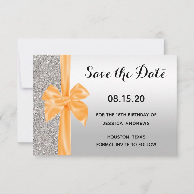 Save The Date Orange Soie Bow Séquins d'argent 18e anniversaire (Devant)