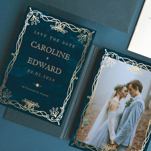 Save The Date Ornement Indigo Médiéval Mariage de Lierre en Or