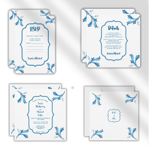 Save The Date Ornements de feuilles en carreaux bleus minimalist