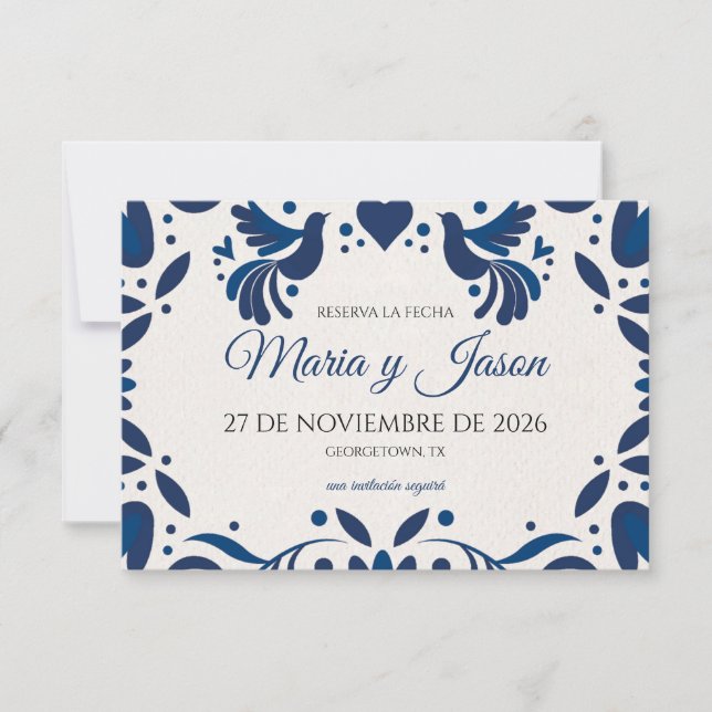 Save The Date Otomi Blue Floral Elegant Fiesta Spanish Wedding (Devant)