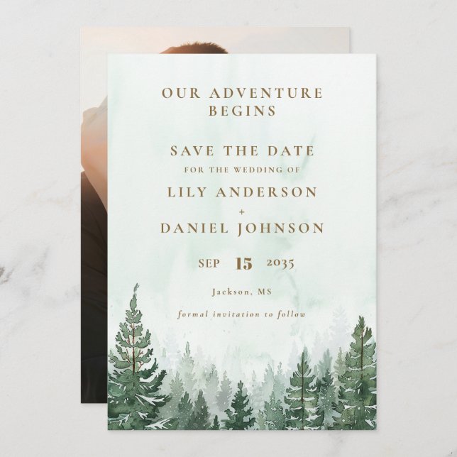 Save The Date Our Adventure Rustic Pine Forest Photo Wedding (Devant / Derrière)