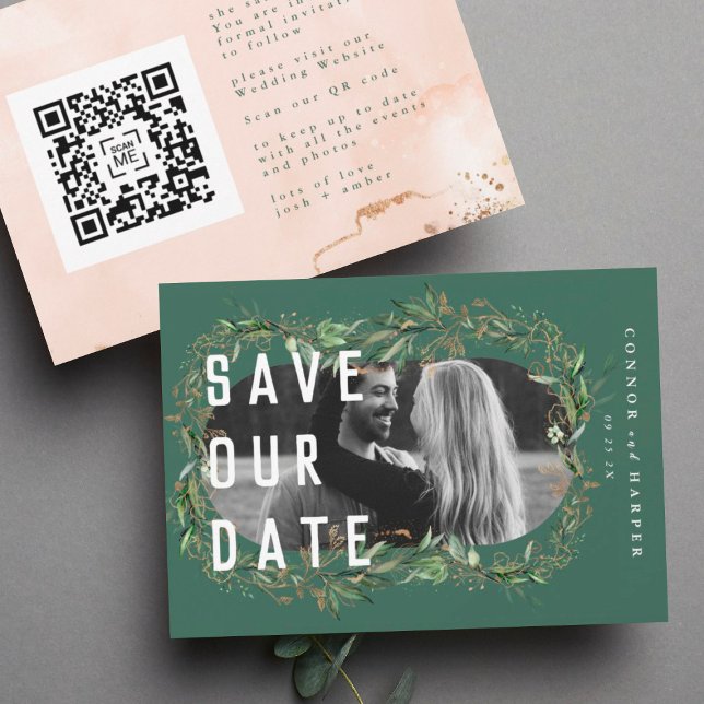 Save The Date Oval Boho Bold QR Code Moderne Feuilleté Golden Ph (Créateur téléchargé)