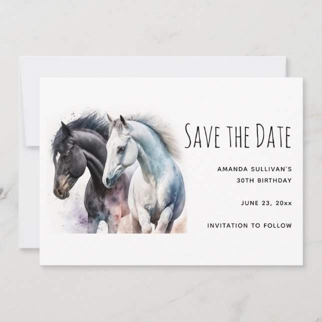 Save The Date Paire de cheval noir et blanc en aquarelle (Devant)