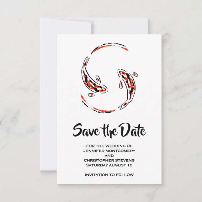 Save The Date Paire de poissons Koi japonais noir et rouge (Devant)