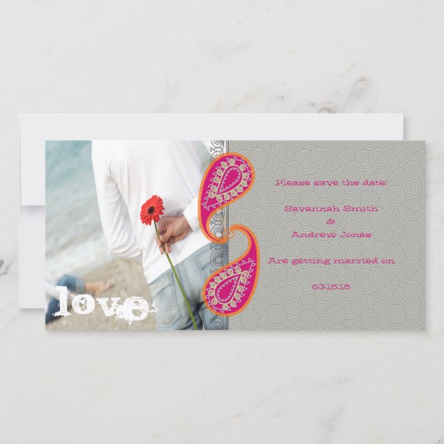 Save The Date Paisley Fuchsia et Orange Photo Sauvez la date (Devant)