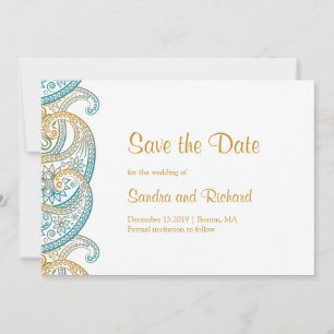 Save The Date Paisley Turquoise & Gold Mariage indien