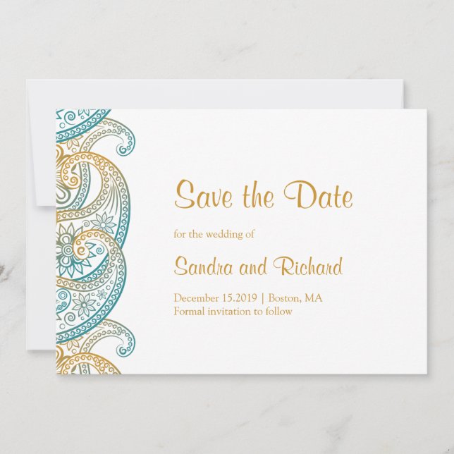 Save The Date Paisley Turquoise & Gold Mariage indien (Devant)